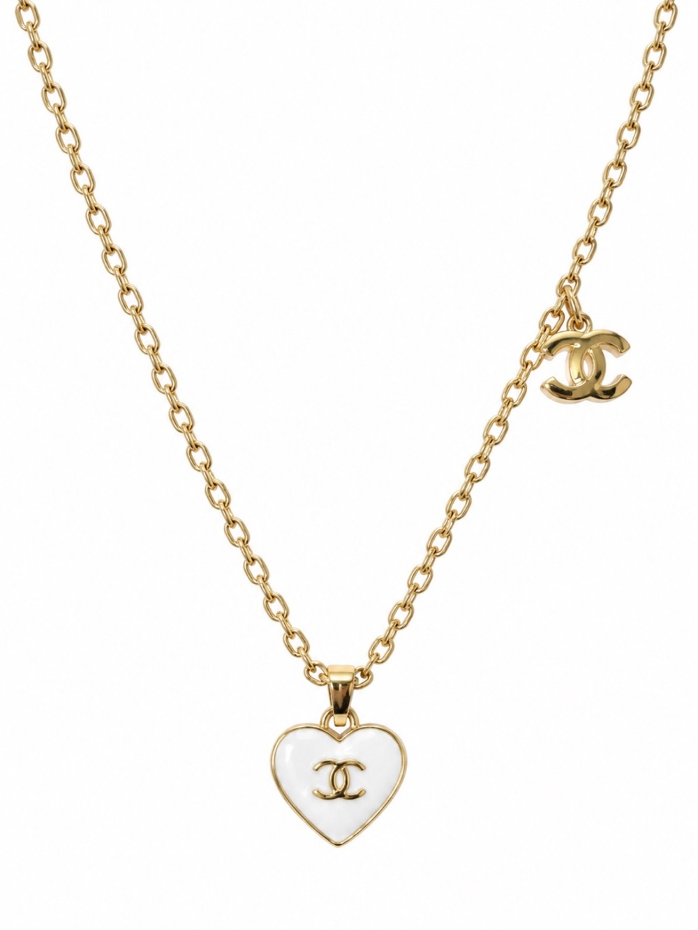 Chanel fashion White Enamel Heart Pendant Necklace - Gold Tone
